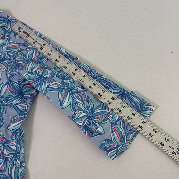 Liza Byrd Popover Top Size S Blue Pink Floral 3/4 Roll Tab Sleeve V Neck Beach - Picture 8 of 10